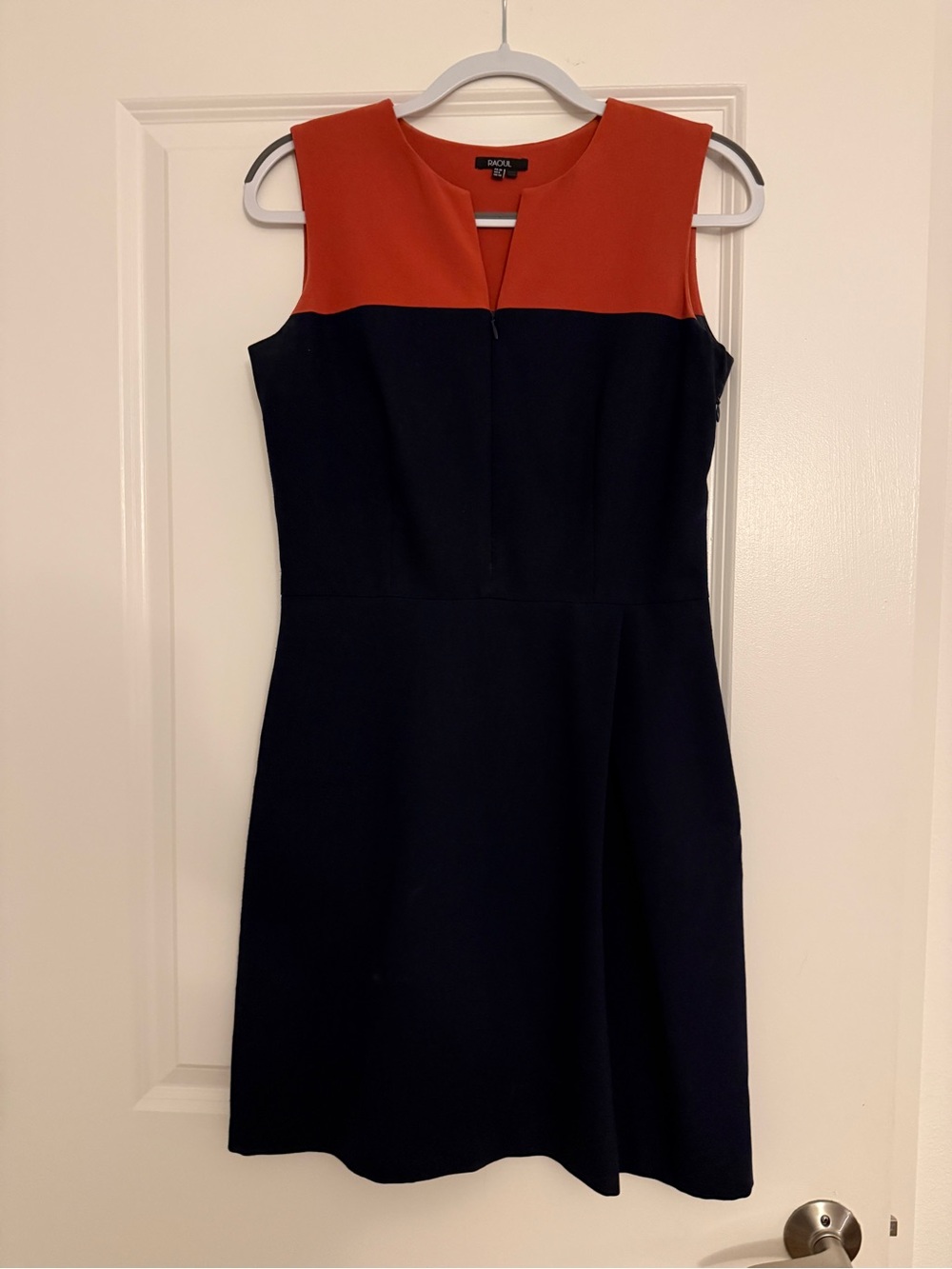 RAOUL Two-Tone Sleeveless Sheath Dress in Rust and Black